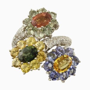 Ring aus 18 Karat Weißgold mit Blumen und Tansanit Diamanten mit farbigen Saphiren