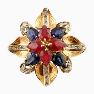 Anillo Flor de Oro Rosa de 18 Kt hecho a Mano con Diamantes, Rubíes y Zafiros