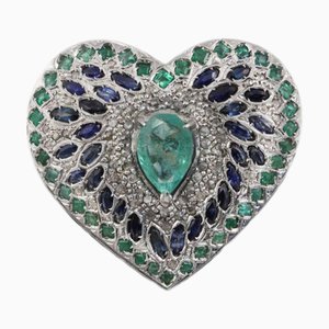 Heart Ring with Blue Sapphire, Emerald and Diamond