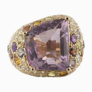 Diamonds Amethyst Yellow and Blue Topaz Peridot Iolite Garnet 18 Karat Rose Gold Ring