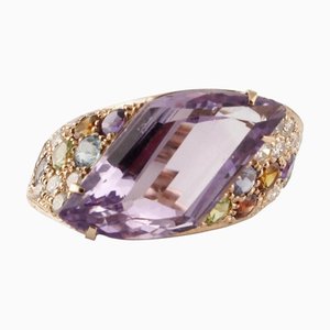 Handgefertigter Ring Diamanten Amethyst Peridot Orange Hellblauer Topas Iolith Granat 18kt 18 Karat Gold