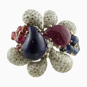 18 Karat White Gold Ring with Diamonds, Rubies, Blue Sapphires and Lapis Lazuli