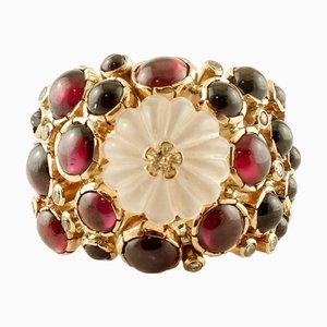 Bague en Or Jaune avec Diamants, Grenats et Cristal de Roche
