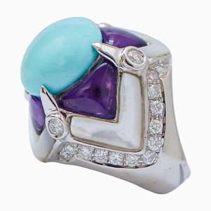 Ring aus Türkis, Weißen Steinen, Amethysten, Diamanten und Weißgold