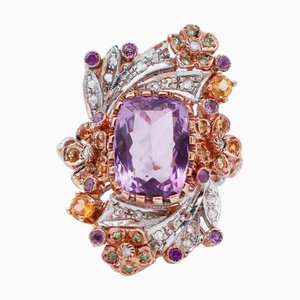 9kt Rose Gold and Silver Ring with Diamonds and Amethysts