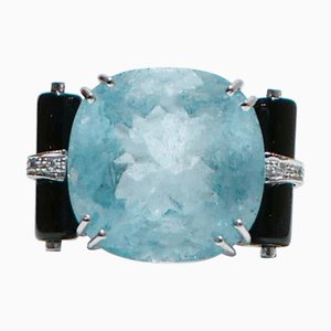 Platinring mit Aquamarin und Diamanten und Onyx