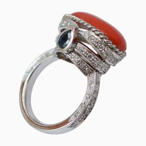 Platinum Ring with Coral and Sapphires and Diamonds