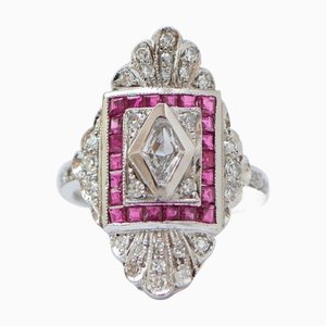 Platinum Ring with Central Diamond and Rubies