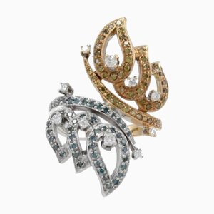 White and Color Diamonds Butterfly Shape 18kt Gold Ring