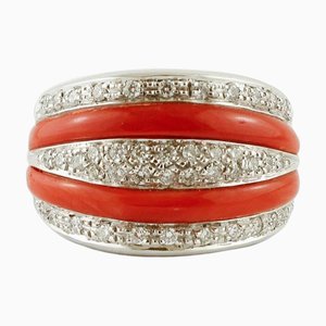 18 Karat Weißgold Bandring mit Diamanten und Koralle