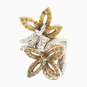 Cocktailring aus 18 Karat Gelb- und Roségold mit weißen und farbigen Diamanten