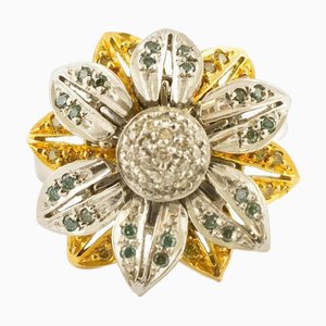 18 Karat Weiß- und Gelbgold Gänseblümchenring mit Farbdiamanten