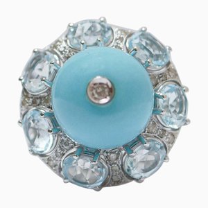 White Gold Ring with Aquamarine Topazs, Magnesite and Diamonds