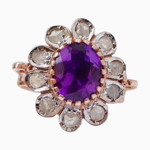 Blumenring aus Roségold und Silber mit Amethyst und Diamanten