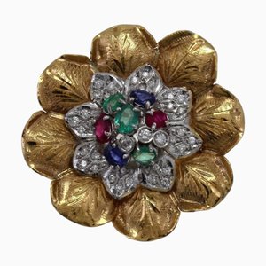 Diamant-Gold-Clusterring mit Saphir und Rubin und Smaragd