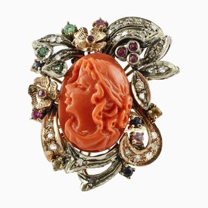 Koralle Ring aus Roségold und Silber mit Diamanten und Rubinen