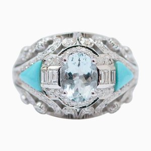 Weißgold Ring mit Türkis, Aquamarin und Diamanten