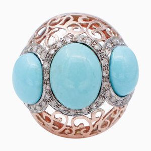 Ring aus Roségold und Silber mit Türkisen und Diamanten