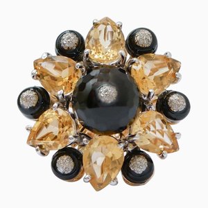 Rose Gold and Silver Ring with Onyx, Topaz and Diamonds