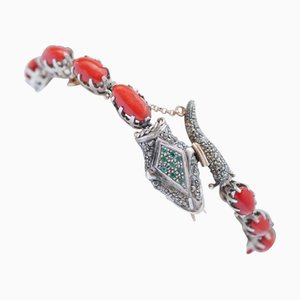 Rose Gold and Silver Snake Bracelet with Coral and Diamonds
