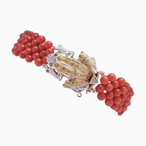 Rose Gold and Silver Frog Bracelet with Coral and Diamonds