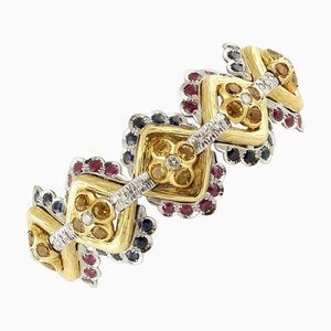 Ruby & White and Yellow Gold Link Bracelet with White Diamonds and Blue Sapphires