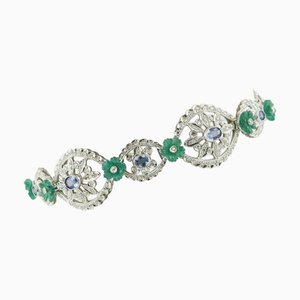 Handgefertigtes Gliederarmband mit weißen Diamanten und blauen Saphiren