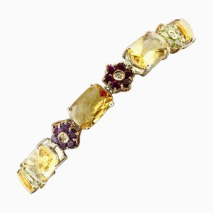 Bracelet artisanal en or blanc avec diamants, saphirs, topaze, améthyste, grenat et péridot