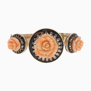 Gold and Silver Bracelet with Rose Corals, Onyx and Diamond