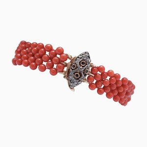 Armband aus Roségold und Silber mit Koralle, Saphiren und Diamanten