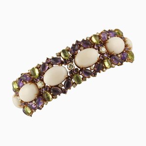 Rose Gold Link Bracelet with White Diamonds and Amethysts