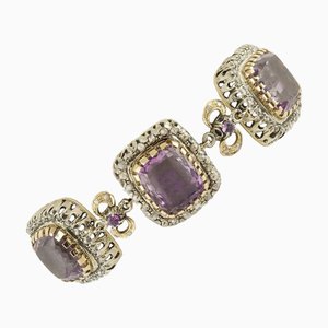 Rose Gold and Silver Link Bracelet with Amethysts and Diamonds