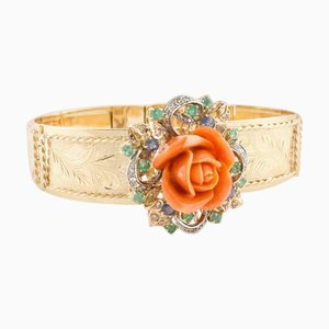Diamond, Emerald, Sapphire,Orange Coral Flower & Rose Gold Bracelet