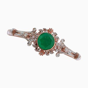 Bracelet en Or Rose et Argent avec Pierre Verte et Diamants