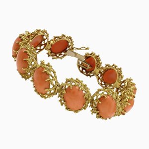18k Yellow Gold Clamper Bracelet with Oval Shape Orange Corals