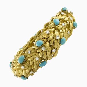 Handgefertigtes Armband zum Thema Blätter mit weißen Diamanten und Türkis