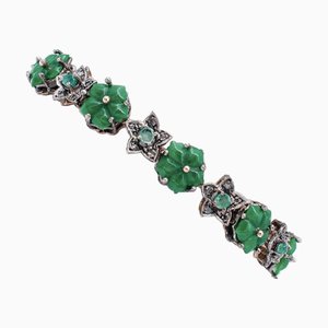 Armband aus Roségold und Silber mit Blumen aus grünem Achat und Smaragden und Diamanten