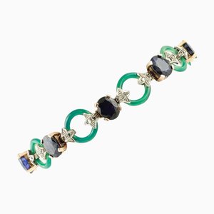 Brazalete de eslabones de oro rosa y plata con diamantes y zafiros y ágata verde