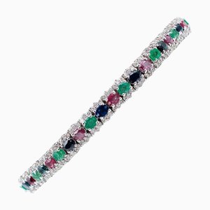 White Gold Tennis Bracelet with Emeralds and Rubies and Sapphires and Diamonds
