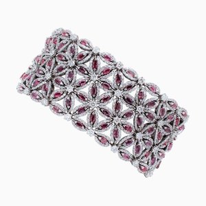 White Gold Flower Themed Bracelet with White Diamonds and Rubies