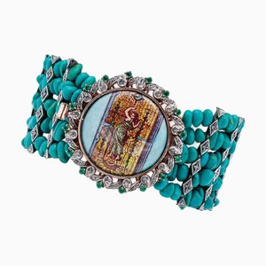 Rose Gold and Silver Bracelet with Turquoise and Tsavorite