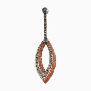 Rose Gold and Silver Pendant Necklace with Red Coral and Blue Sapphire and Diamonds