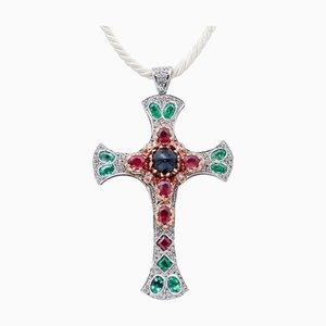Rose Gold and Silver Cross Pendant Necklace with Sapphire and Emeralds