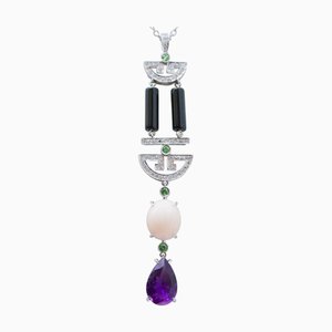 Halskette aus 18 Karat Weißgold mit Amethyst und Koralle und Diamanten
