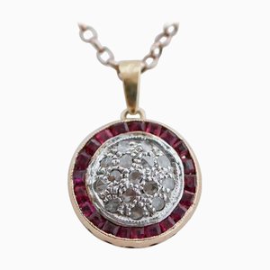 Halskette mit Anhänger aus Roségold und Silber mit Rubinen und Diamanten