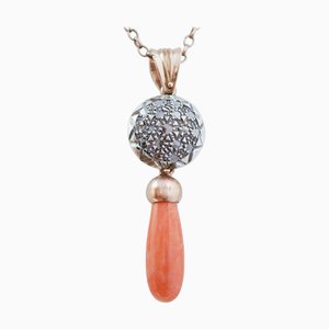 Rose Gold and Silver Pendant with Coral and Diamonds