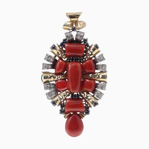Handcrafted Pendant Diamonds with Blue Sapphires and Red Corals