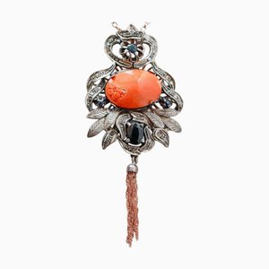 Colgante de Oro rosa y Plata con Coral y Zafiros
