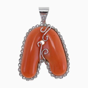 Halskette mit Anhänger aus Weißgold mit weißen Diamanten und roter Koralle