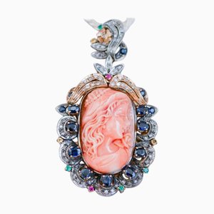 Anhänger aus Roségold und Silber mit Koralle und Diamanten